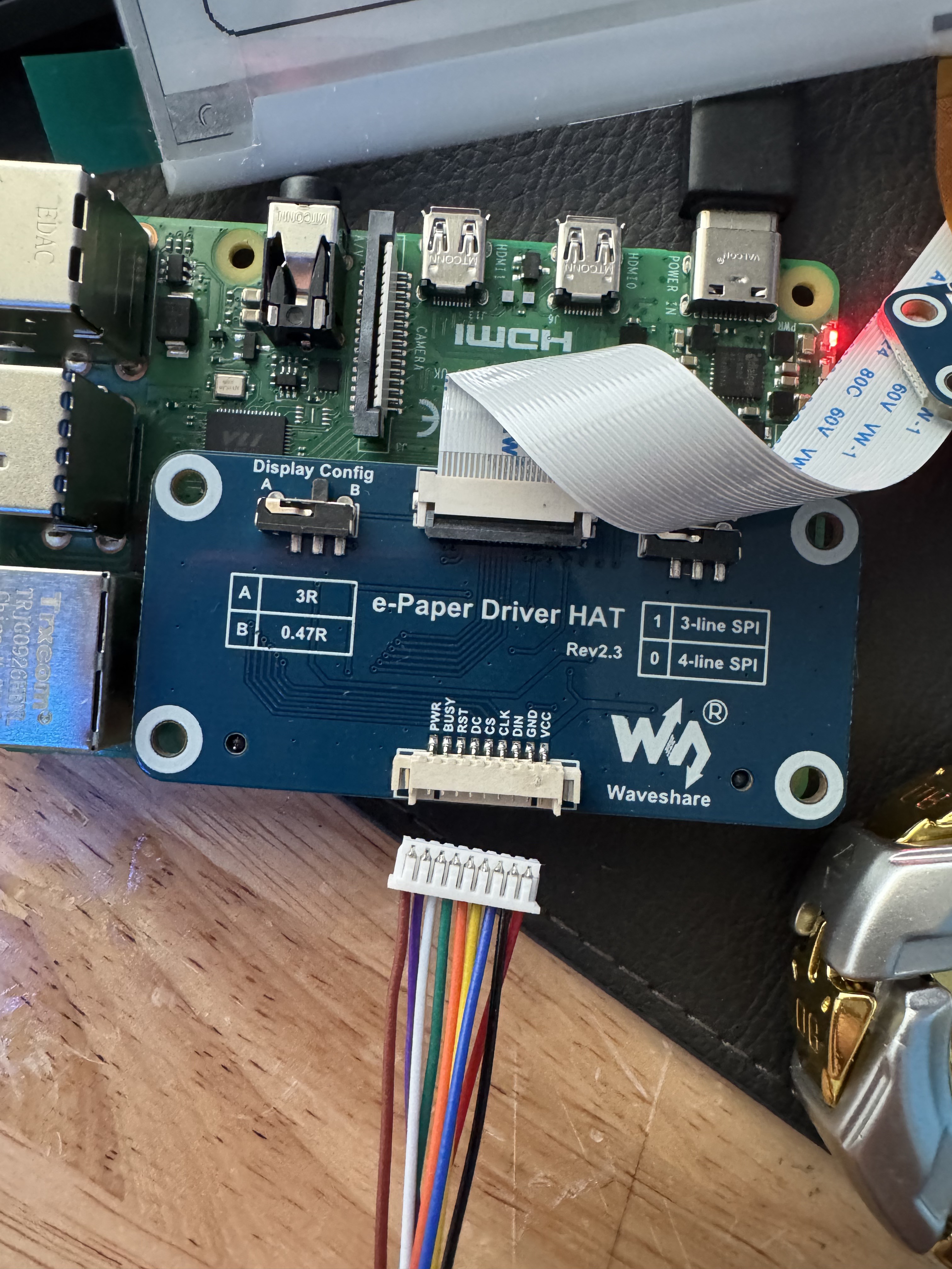 kaya-0000: the Pi, the driver board, and the panel's ribbon cable