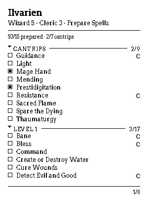 Preparing spells on the wizard checklist
